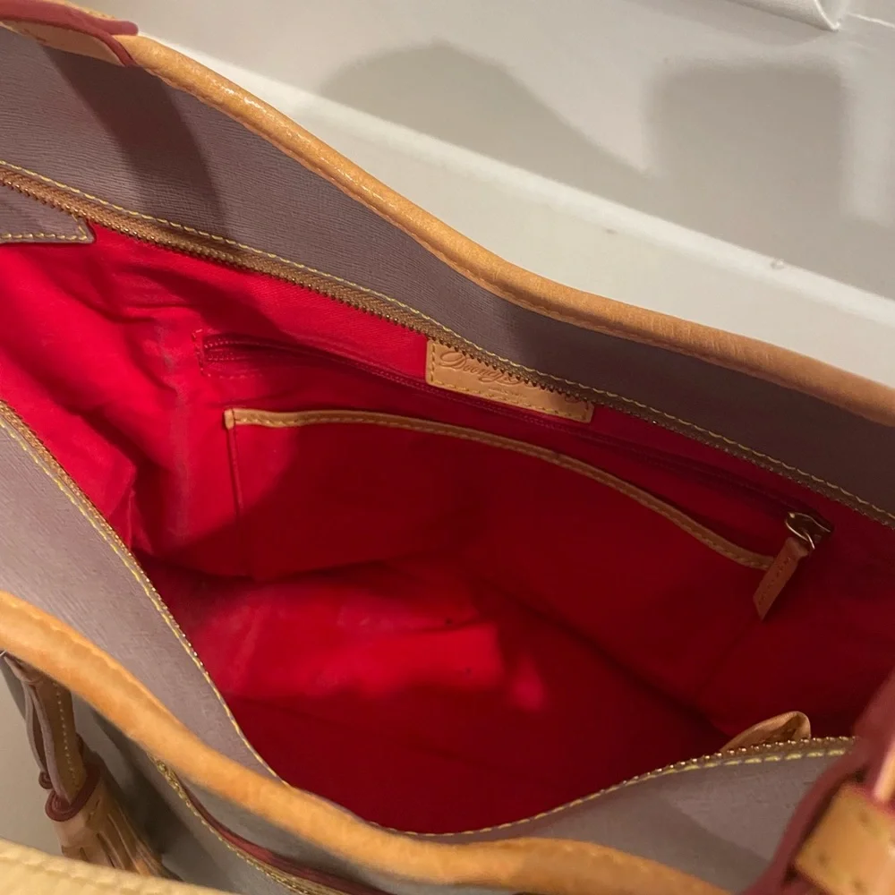 Dooney and Bourke gray & tan leather double strap zipper tassel shoulder bag - Picture 5 of 16